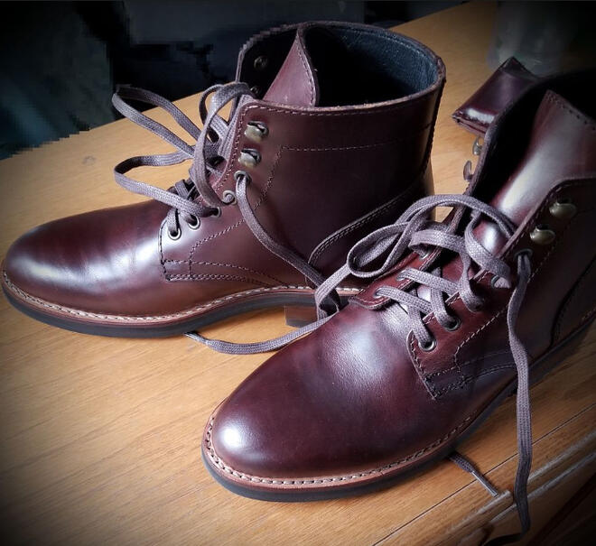 dark brown ankle boots, untied, posed on a shelf.
